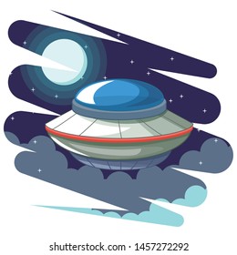 space exploration flying saucer with the moon and clouds with a starry sky icon cartoon vector illustration graphic design