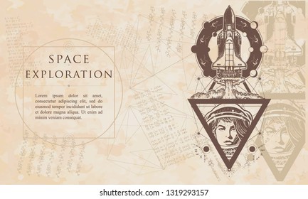 Space exploration. Flying-up spaceship and astronaut. Renaissance background. Medieval manuscript, engraving art 