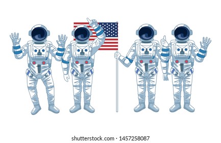 space exploration four astronaut pointing up, thumb up, saying hi and hands up with united states flag icon cartoon vector illustration graphic design