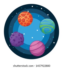 space exploration four colorful planets with space landscape with planets and stars in round icon icon cartoon vector illustration graphic design
