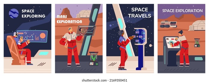 Space exploration with futuristic equipment in flat vector illustration.Set of posters with astronauts working in space or inside spaceship. Space shuttle interior, galaxy travel rockets