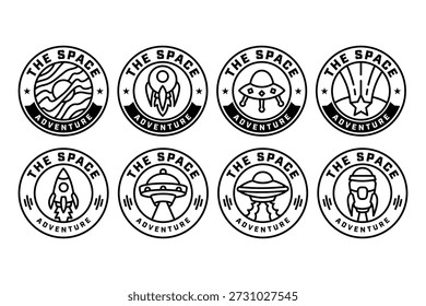 Exploración espacial y diseño de logotipo de insignia retro de la nave de galaxia con cohetes, OVNI, planetas, cósmico, ilustración de platillo volador para deporte de aventura, astronomía, ciencia