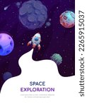 Space exploration. Galaxy landscape and rocket spaceship. Galaxy exploration, outerspace flight or astronomy science discovery vector backdrop with cartoon rocketship in space, alien galaxy planets