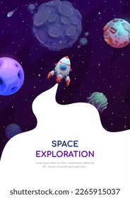 Exploración espacial. El paisaje galáctico y la nave espacial con cohetes. Exploración de galaxias, vuelo al exterior o descubrimiento de ciencia astronómica fondo vectorial con cohetes de dibujos animados en el espacio, planetas de galaxia alienígenas