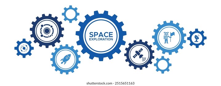 Space Exploration and Galaxy Research Banner with Astronauts, Space Stations, and Satellites Icons