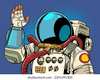 Space exploration is getting closer. The astronaut waves his hand. Intergalactic suit in all its glory. Pop Art Retro Vector Illustration Kitsch Vintage 50s 60s Style