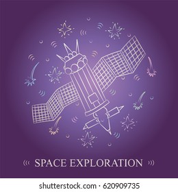 Space Exploration. Hand Drawn Doodle Spaceship and Comets Arranged in a Circle. Sketch Style. Vector Illustration.