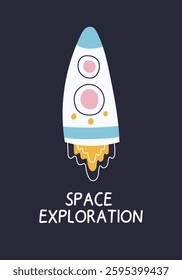 Space exploration hand-drawn vector illustration. A trendy rocket doodle with naive charm. Simple and stylish design. Perfect for kids' projects for the nursesy. SPACE EXPLORATION