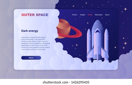 Space exploration hero image template with rockets in open space. Shuttle spaceship launch on starry background with Saturn planet. Rocket ready to cosmic flight and research. Start up concept.
