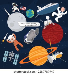 Space exploration history concept vector illustration, Spaceship, ISS Space station, Astronaut, Moon, and Planet background