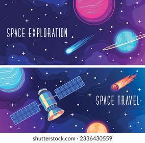 Space exploration horizontal banners set with satellite and celestial bodies cartoon isolated vector illustration