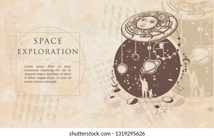 Space exploration. Human and Universe. Renaissance background. Medieval manuscript, engraving art 