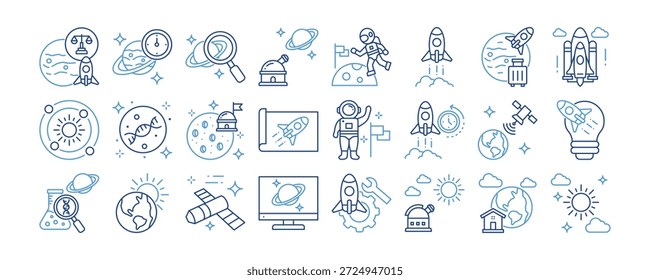 Colección de iconos de exploración espacial. Diseño de Contenidos Espacio-Tiempo, Leyes Espaciales, Anomalía Espacial, Observatorio, Paseo