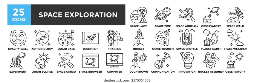 Space Exploration icon collection set. Containing design Space Time, Laws,  Anomaly, Space Observatory, Walk