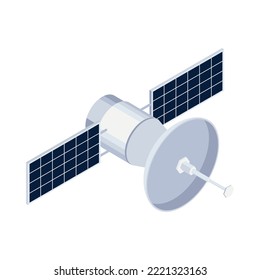 Weltraumforschungssymbol mit isometrischem Satelliten 3D-Vektorgrafik