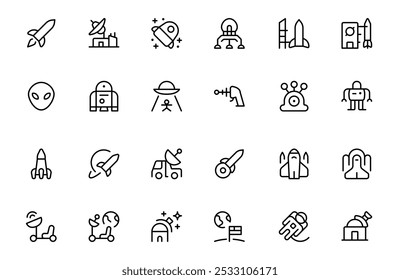 space exploration icon, space, planet, alien, solar, astronaut, stars, vector set design with Editable Stroke. Line, Solid, Flat Line, thin style and Suitable for Web Page, Mobile App, UI, UX design.