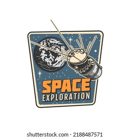 Space Exploration Icon. Planets And Stars Exploration Vintage Emblem, Astronomy Science Program Retro Badge Or Aerospace Mission Vector Icon With Earth Planet, Stars And Artificial Satellite