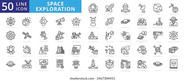 Space exploration icon set with astronaut, rocket, spacecraft, satellite, mars, mining, interstellar, galaxy and universe.