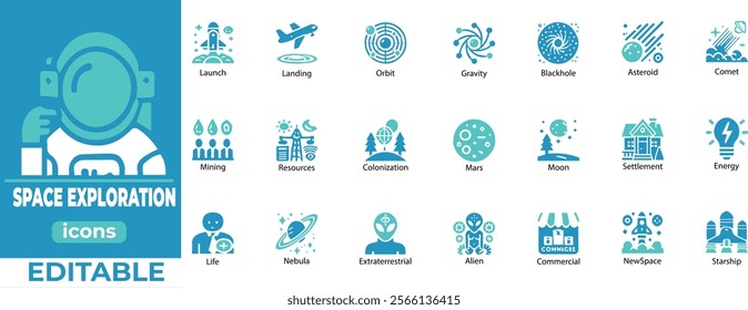 Space Exploration Icon Set Editable vectors featuring rockets, planets, satellites, astronauts, and cosmic designs