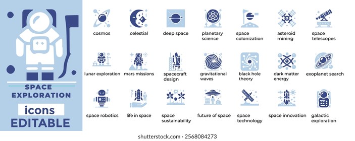 Space Exploration Icon Set  Editable icons for rockets, satellites, astronomy, planets, space tech, and innovation