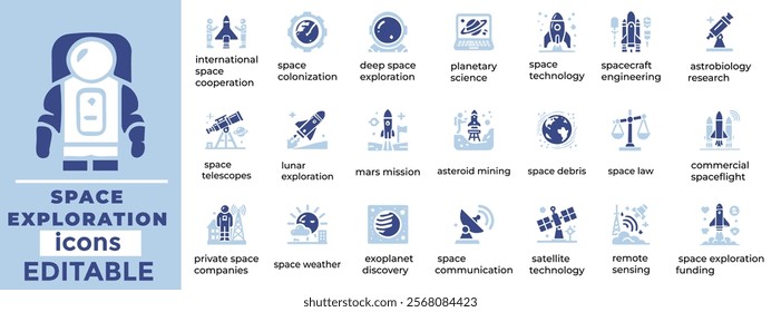 Space Exploration Icon Set  Editable icons for rockets, satellites, astronomy, planets, space tech, and innovation