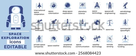 Space Exploration Icon Set  Editable icons for rockets, satellites, astronomy, planets, space tech, and innovation
