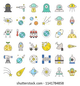 space exploration icon set, filled outline design