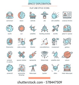 Space Exploration Icon Set in Flat Line Style. Vector illustration