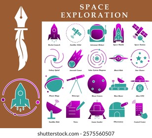 Space exploration icon set with modern and minimalist design, with gradient and blue colors. Ideal for educational apps, space websites, social media, scientific presentations etc.