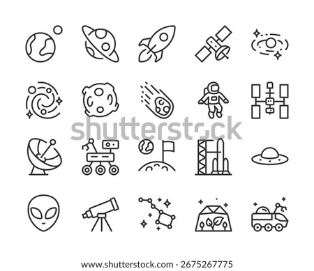 Space Exploration, icon set. Planets, rocket, astronaut, satellite, galaxy, telescope, UFO, alien, meteor, rover, launch pad, constellations, research, cosmic travel. Line with editable stroke