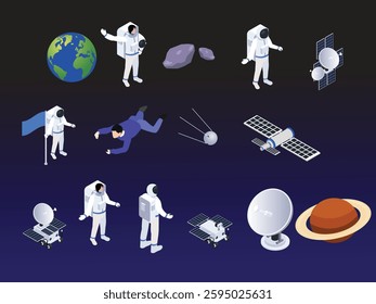 Space Exploration Icons with Astronauts, Satellites, and Planets 3d flat vector illustrations