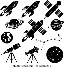 Space Exploration Icons Bundle for Scientific and Astronomical Illustrations.