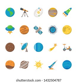 Space exploration icons collection in flat style. Spaceship, Solar system planets, rocket and other symbols isolated on white background. Vector illustration.