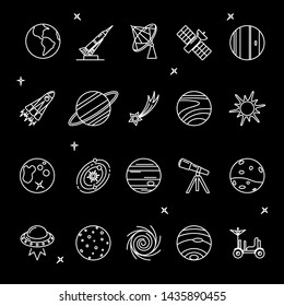 Space exploration icons collection in thin line style. Spaceship, Solar system planets, rocket and other symbols. Vector illustration.