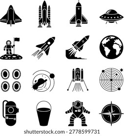 Space Exploration Icons Featuring Rockets Astronauts UFOs Planets and Space Equipment Designs