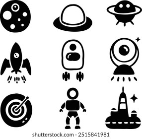 Space Exploration Icons: Icons featuring space vehicles, astronauts, moon bases, alien life forms, black holes, and galaxies.