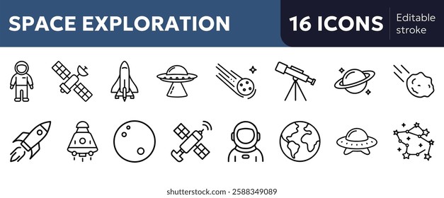 space exploration icons including rocket, astronaut, planet Earth, Moon, satellite, space shuttle, telescope, space station, alien spaceship