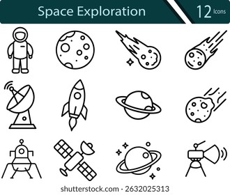 Space Exploration Icons, Rockets, Planets, Satellites and Astronauts.