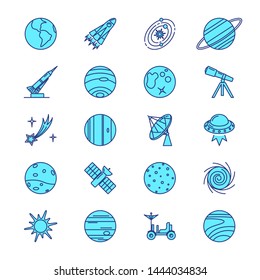 Space exploration icons set in colored line style. Solar system planets, rocket and other symbols isolated on white background. Vector illustration.