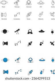 Space Exploration Icons Set in three styles satellite, meteorite, rocket, constellation, wormhole, gravity, ufo, astronaut, telescope, planet, space technology, cosmic impact, spacecraft, starry sky, 