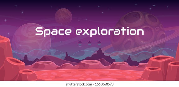 Space exploration illustration, fantasy alien landscape. Cartoon background. Horizontal cosmic banner. Another planet concept.