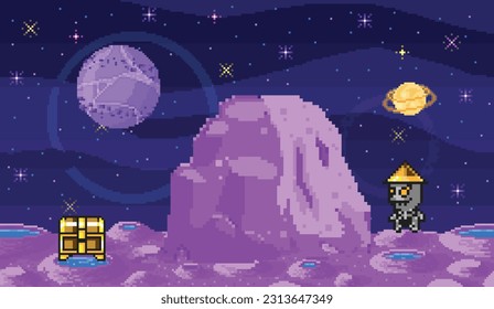 Space exploration illustration, fantasy alien landscape. Cartoon pixel art background. Horizontal cosmic banner. Another planet concept. Universe of spherical star objects. Pixelated location for game