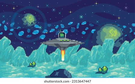 Weltraumforschungs-Illustration, Fantasy-Außerirdische Landschaft. Cartoon Pixel-Kunsthintergrund. Horizontaler kosmischer Banner. Ein anderes Planet-Konzept. Universum der Kugelsternobjekte. Pixelort für das Spiel