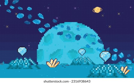 Space exploration illustration, fantasy alien landscape. Cartoon pixel art background. Horizontal cosmic banner. Another planet concept. Universe of spherical star objects. Pixelated location for game