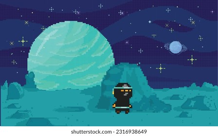 Space exploration illustration, fantasy alien landscape. Cartoon pixel art background. Horizontal cosmic banner. Another planet concept. Universe of spherical star objects. Pixelated location for game