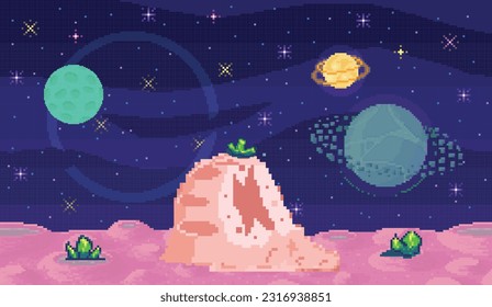 Space exploration illustration, fantasy alien landscape. Cartoon pixel art background. Horizontal cosmic banner. Another planet concept. Universe of spherical star objects. Pixelated location for game