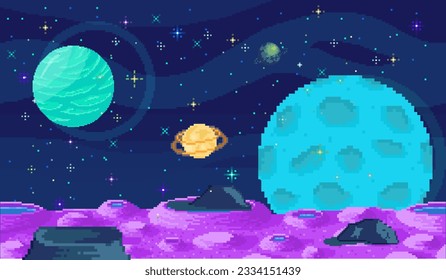 Space exploration illustration, fantasy alien landscape. Cartoon pixel art background. Horizontal cosmic banner. Another planet concept. Universe of spherical star objects. Pixelated location for game