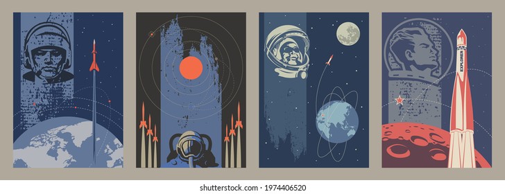 Space Exploration Illustrations, Retro Posters Style, Cosmonauts, Space Rockets, Planets 