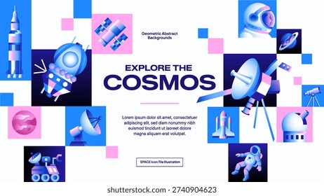 Space Exploration Infographic Style Layout with Rocket, Telescope and Satellite - Astronomy Science Vector Design
