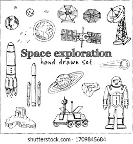 Space exploration isolated hand drawn doodles Vector set